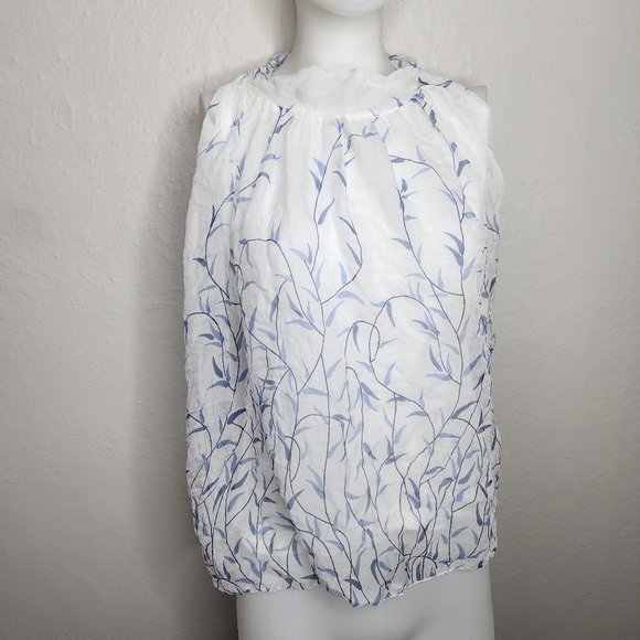Elena Baldi Pure Silk Blue White Leaves Tank Small 100 silk - made in Italy - Picture 1 of 6